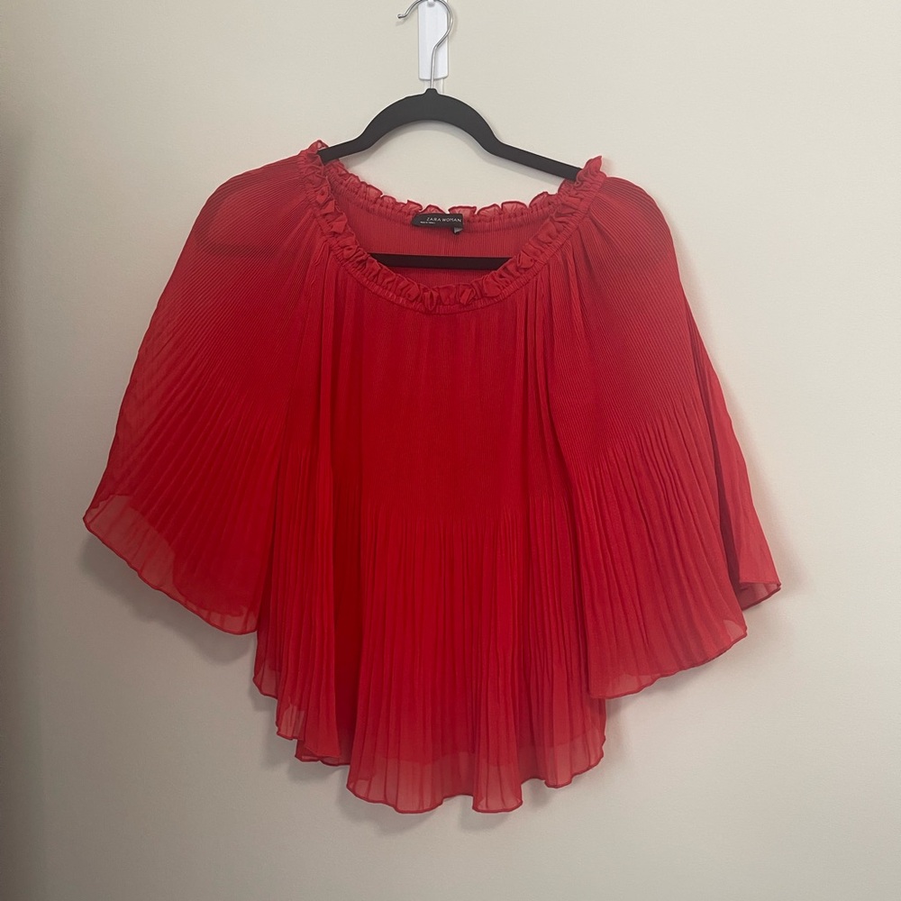 ZARA Woman Red Pleated Off-Shoulder “Flowy” Blouse with 3/4 sleeves Size XS - Picture 17 of 17